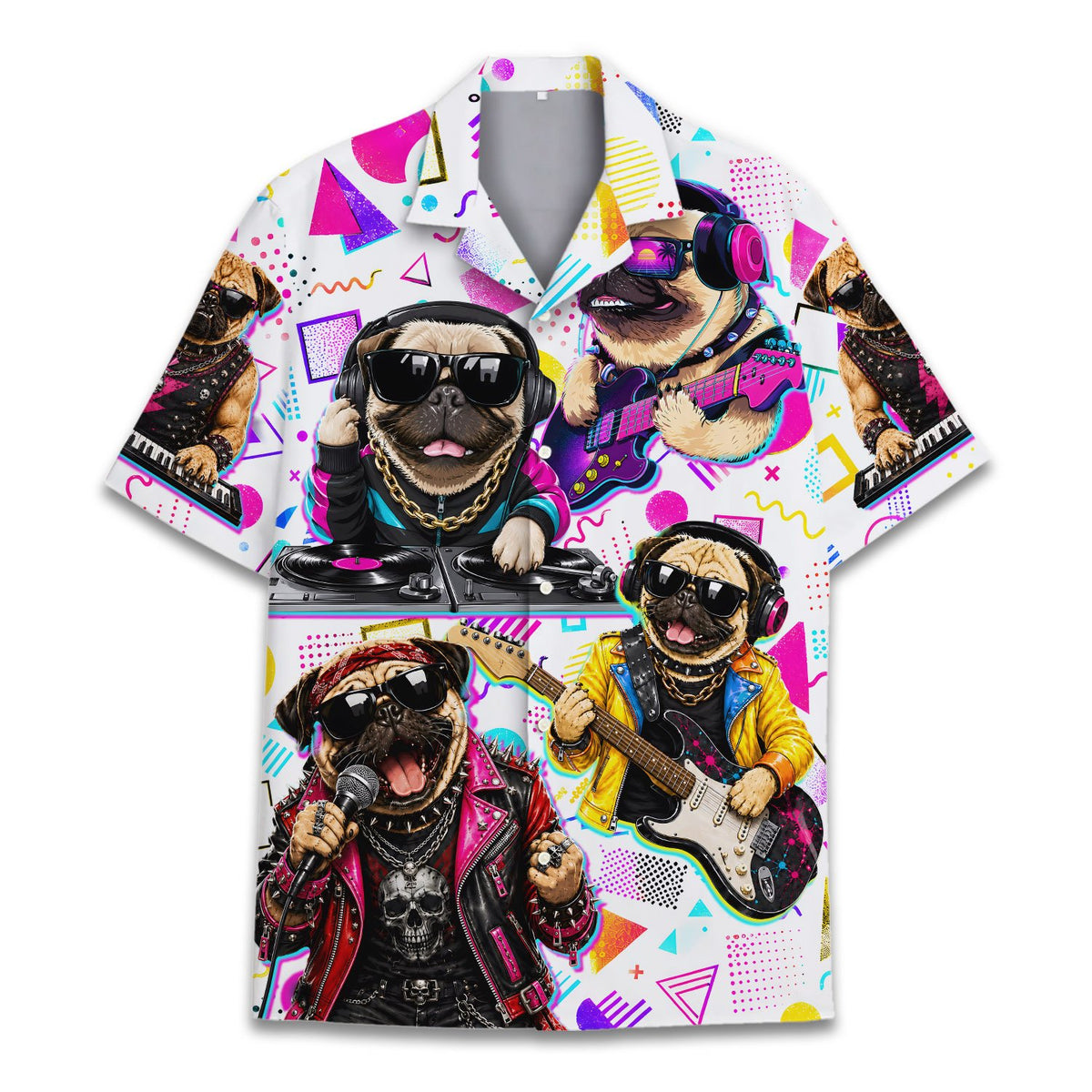 Main view of matching family hawaiian shirts featuring retro pug musicians on white