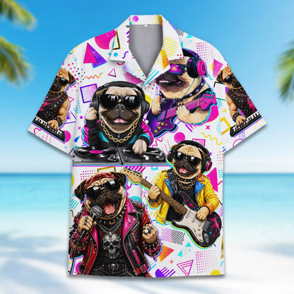 Sixth lifestyle view of the white retro pug hawaiian shirt