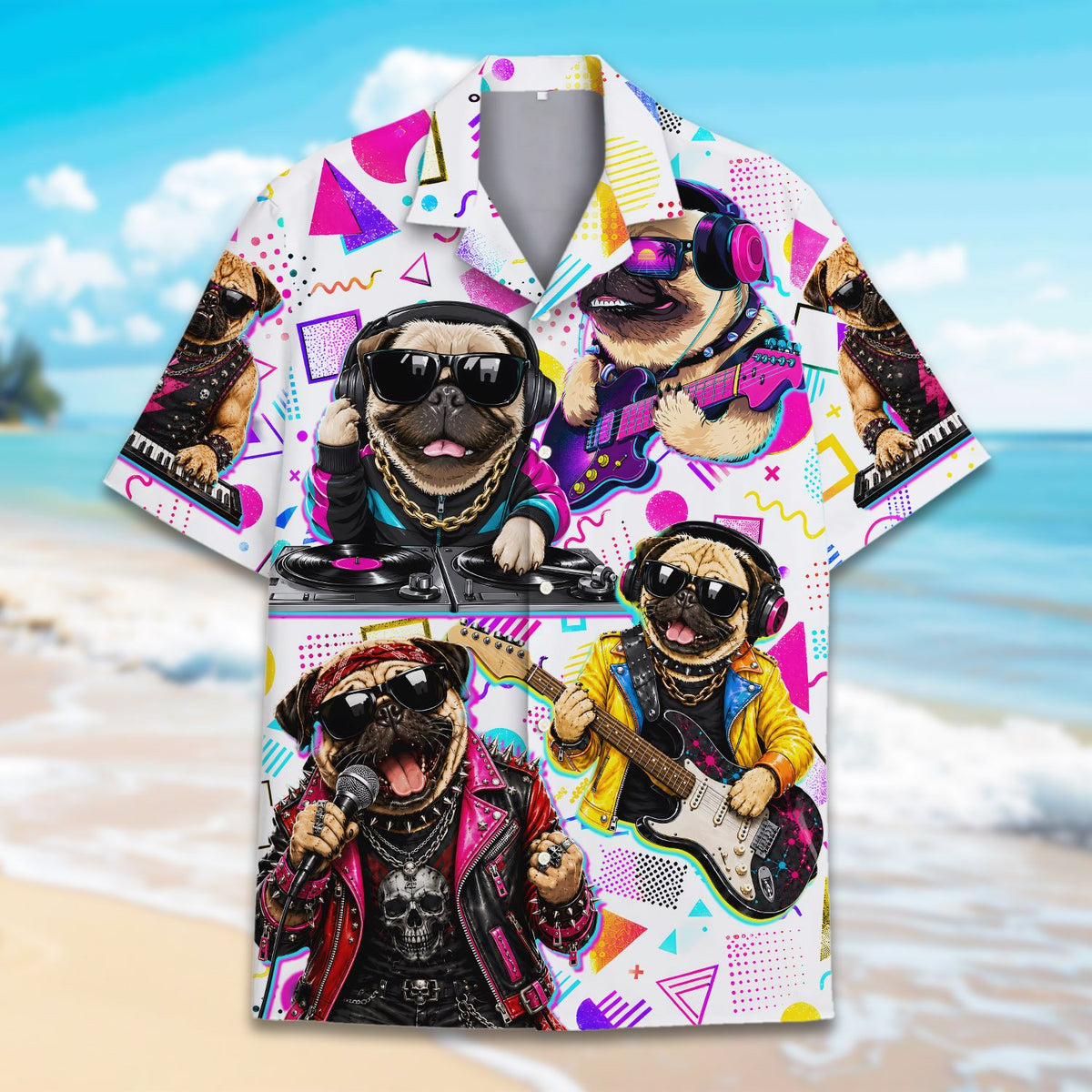 Lifestyle view of a person wearing the white pug hawaiian shirt
