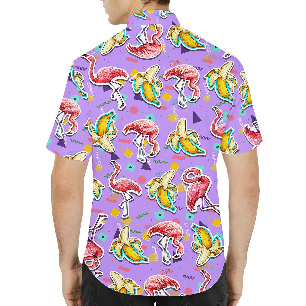 Back view of the purple retro flamingo hawaiian shirt