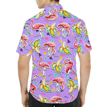 Back view of the purple retro flamingo hawaiian shirt