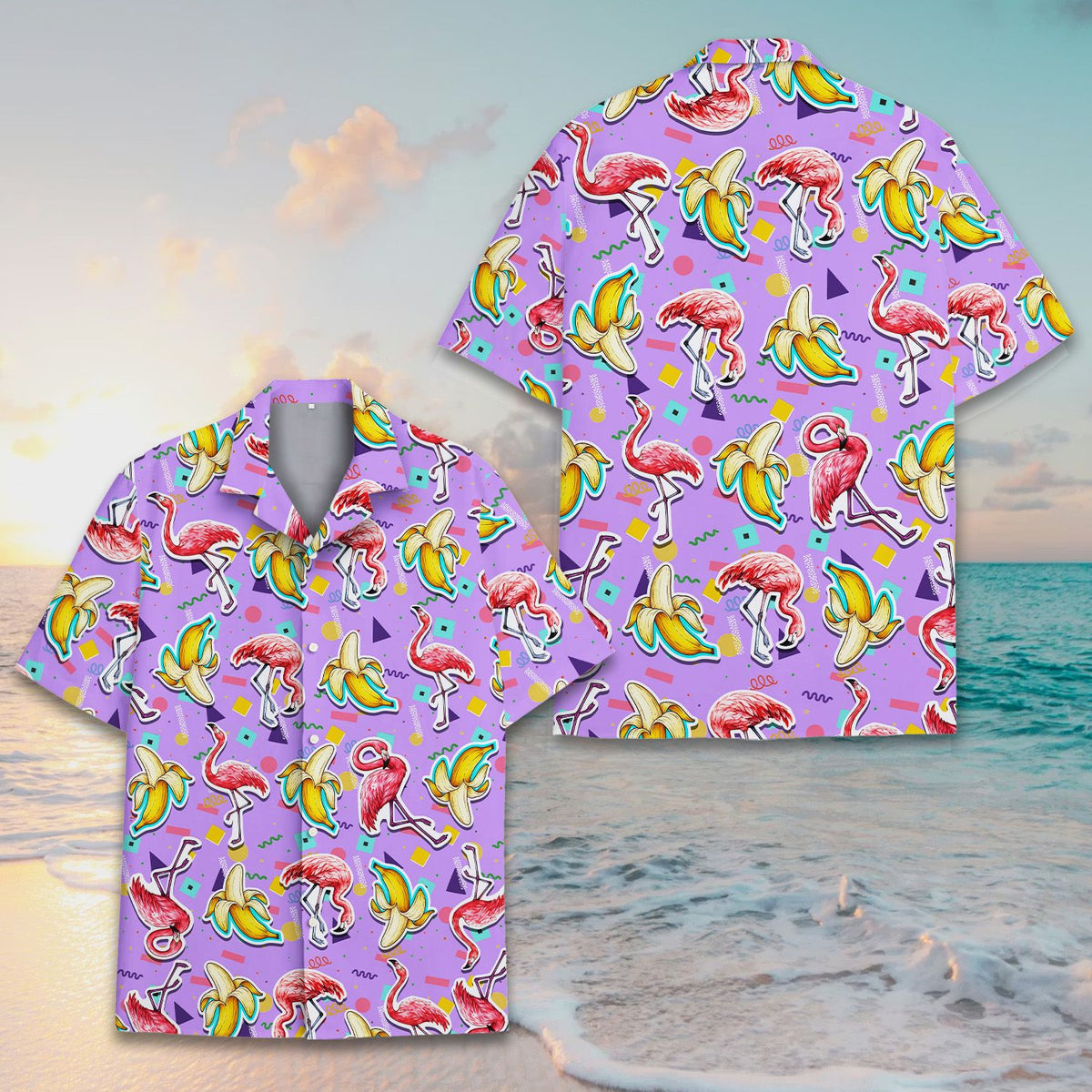 Front view of the purple matching family hawaiian shirt with 80s geometric design
