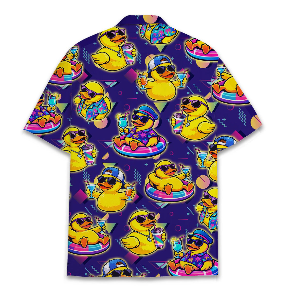 Matching family hawaiian shirt featuring a purple retro rubber ducks pattern, back view 2