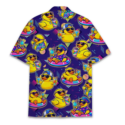 Matching family hawaiian shirt featuring a purple retro rubber ducks pattern, back view 2