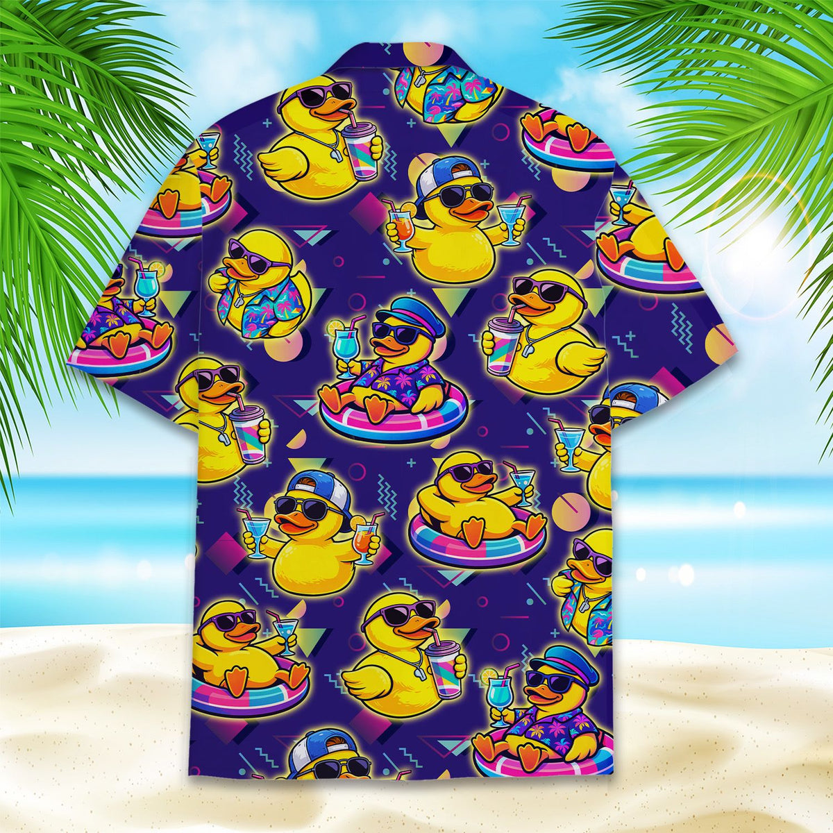 Matching family hawaiian shirt featuring a purple retro rubber ducks pattern, back view