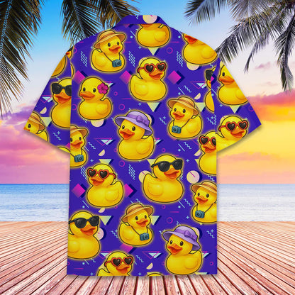 Back view of the purple geometric duck patterned family Hawaiian shirt