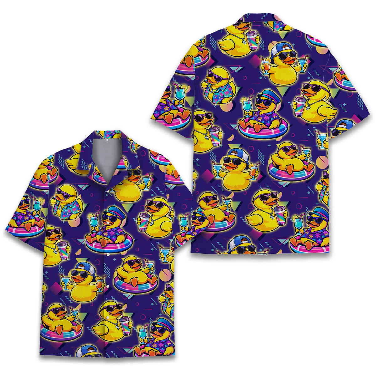 Matching family hawaiian shirt featuring a purple retro rubber ducks pattern, front view 2
