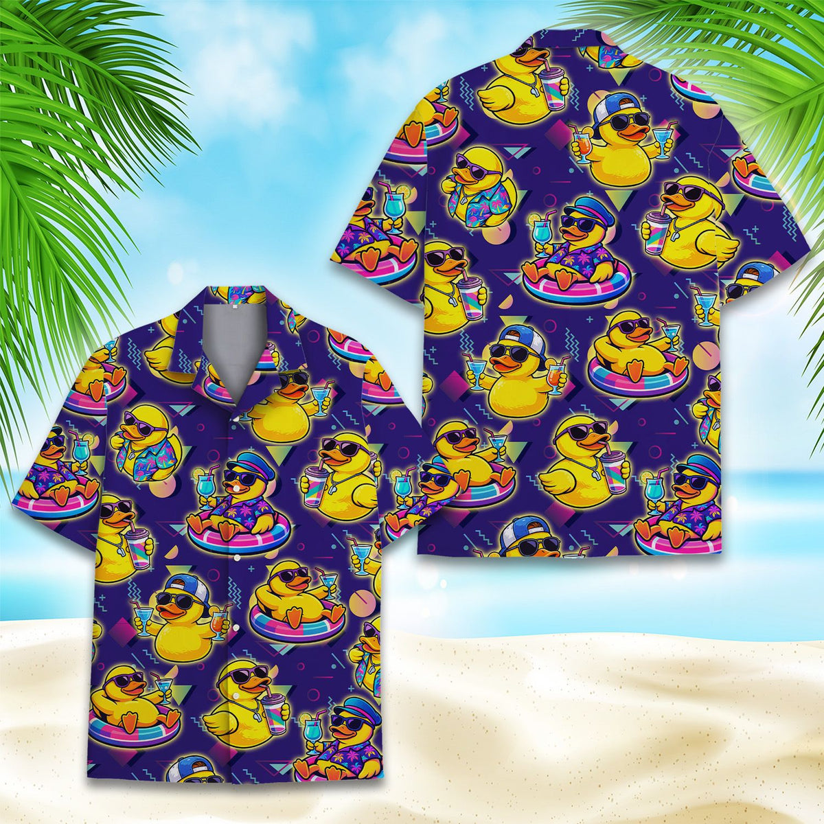 Matching family hawaiian shirt featuring a purple retro rubber ducks pattern, front view 3