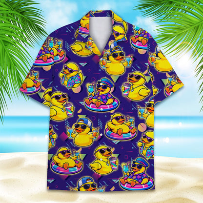 Matching family hawaiian shirt featuring a purple retro rubber ducks pattern, front view