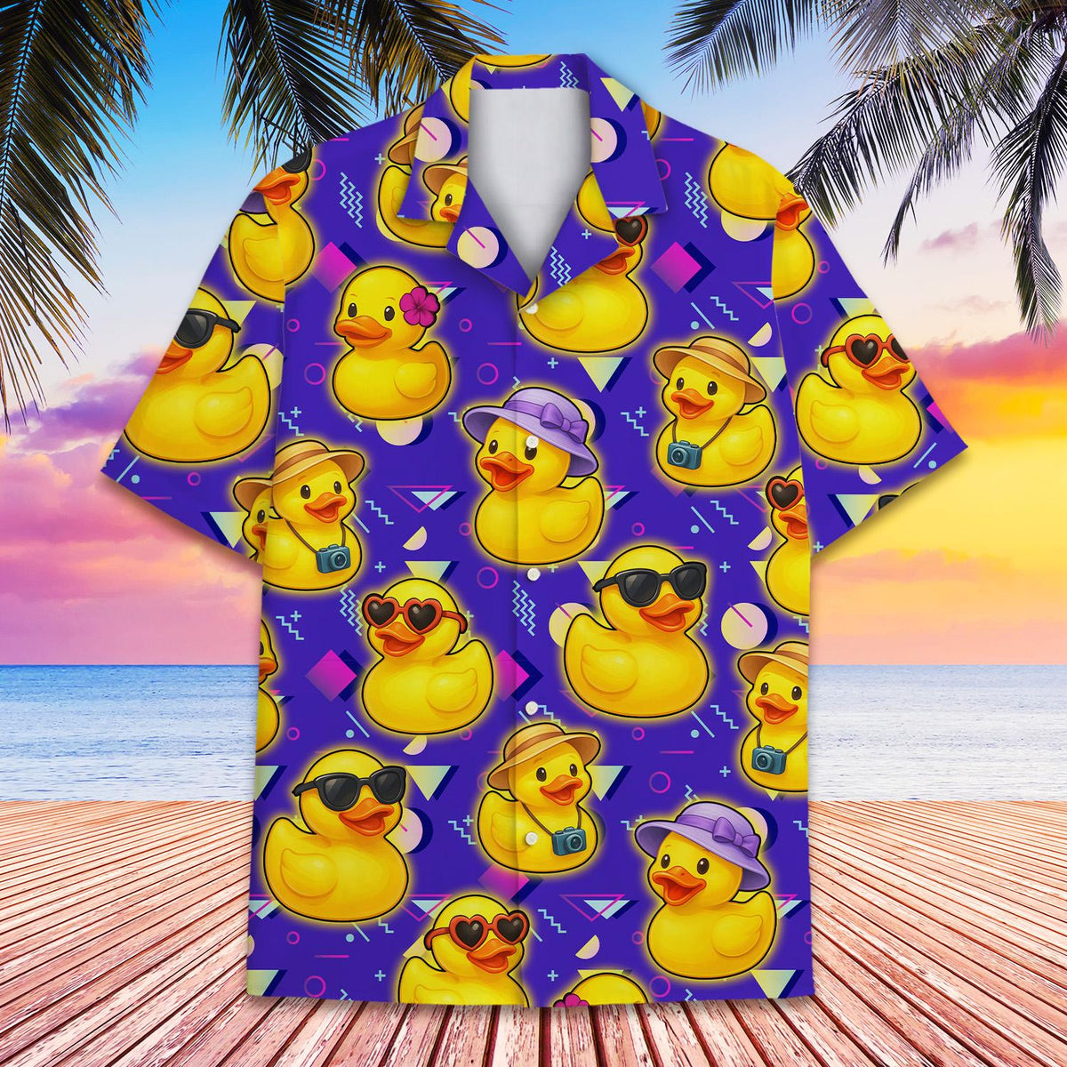 Front view of the matching family Hawaiian shirts featuring a 90s geometric duck pattern