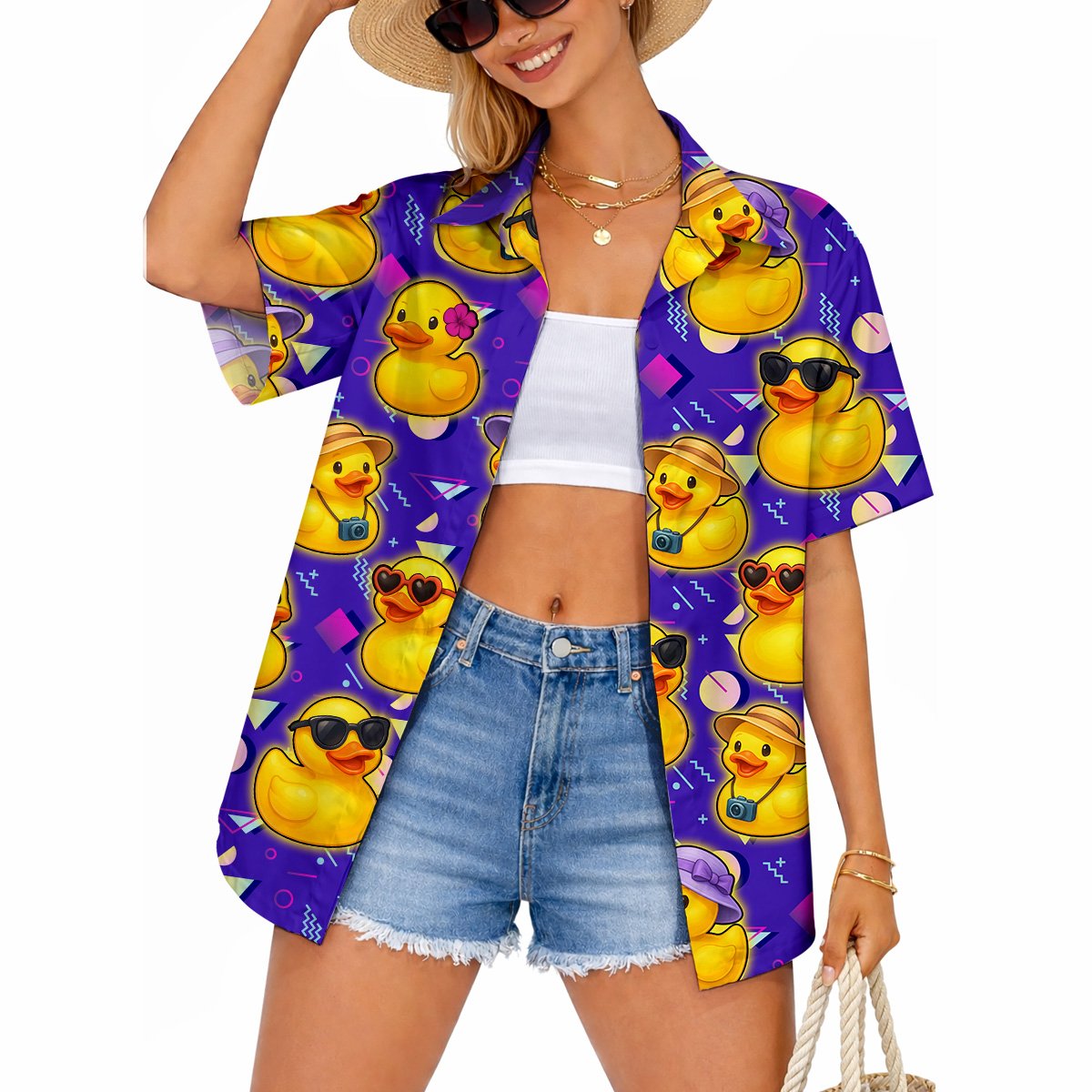 Close up of a person wearing the nostalgic 80s style duck Hawaiian shirt