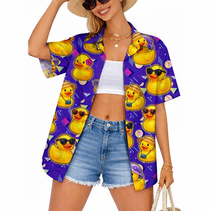 Close up of a person wearing the nostalgic 80s style duck Hawaiian shirt