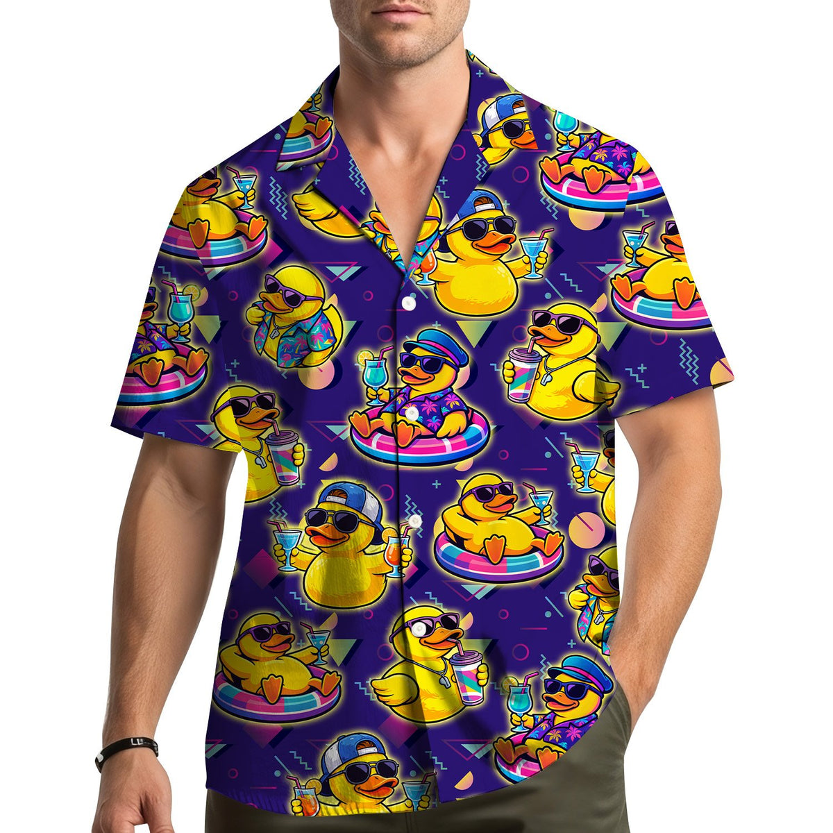 Matching family hawaiian shirt featuring a purple retro rubber ducks pattern, lifestyle view