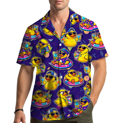 Matching family hawaiian shirt featuring a purple retro rubber ducks pattern, lifestyle view