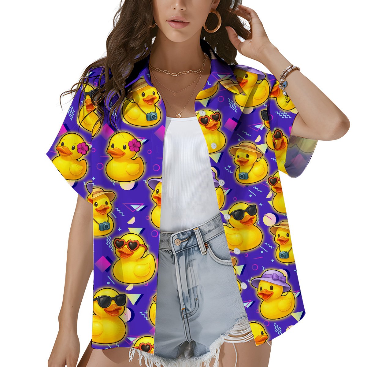 Person wearing the purple geometric duck matching family Hawaiian shirt outdoors