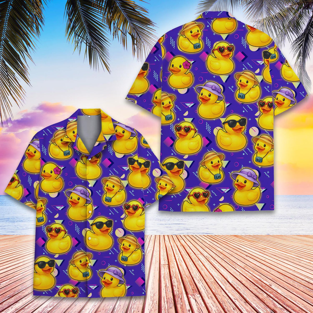Fabric detail of the 90s geometric duck Hawaiian shirt print