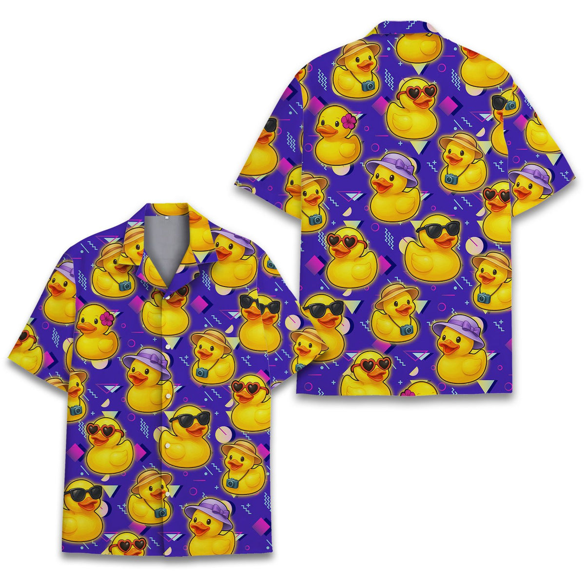 Flat lay view of the purple and yellow matching family Hawaiian shirt