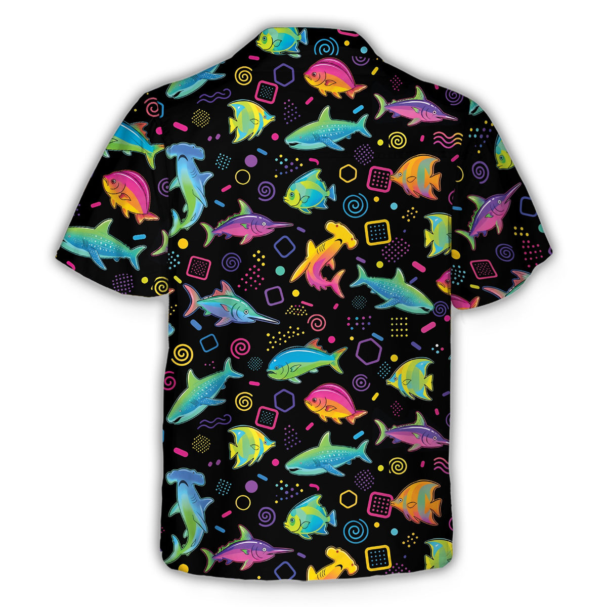 Back view of the retro sea fish hawaiian shirt on black