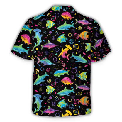 Back view of the retro sea fish hawaiian shirt on black