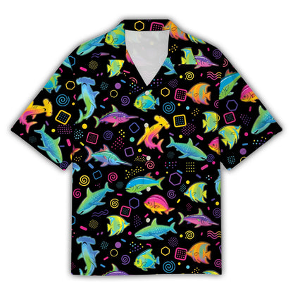 Retro sea fish hawaiian shirt with neon marine life on black, front view