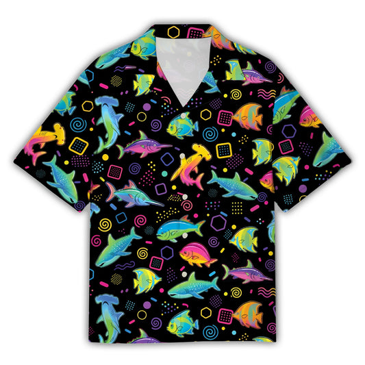 Retro sea fish hawaiian shirt with neon marine life on black, front view