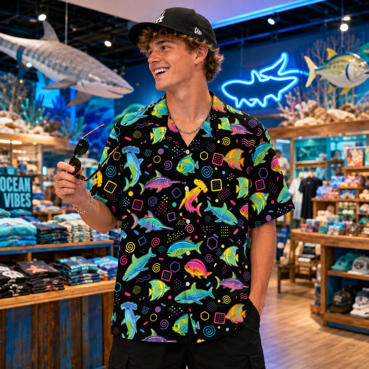 Adult wearing the retro sea fish hawaiian shirt in a lifestyle setting
