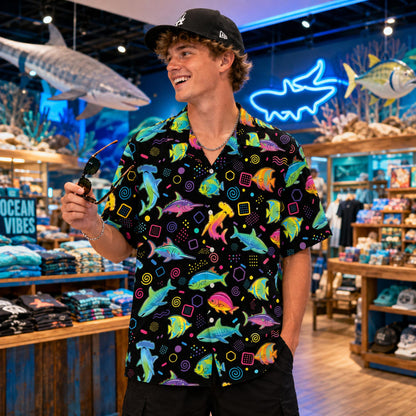 Adult wearing the retro sea fish hawaiian shirt in a lifestyle setting