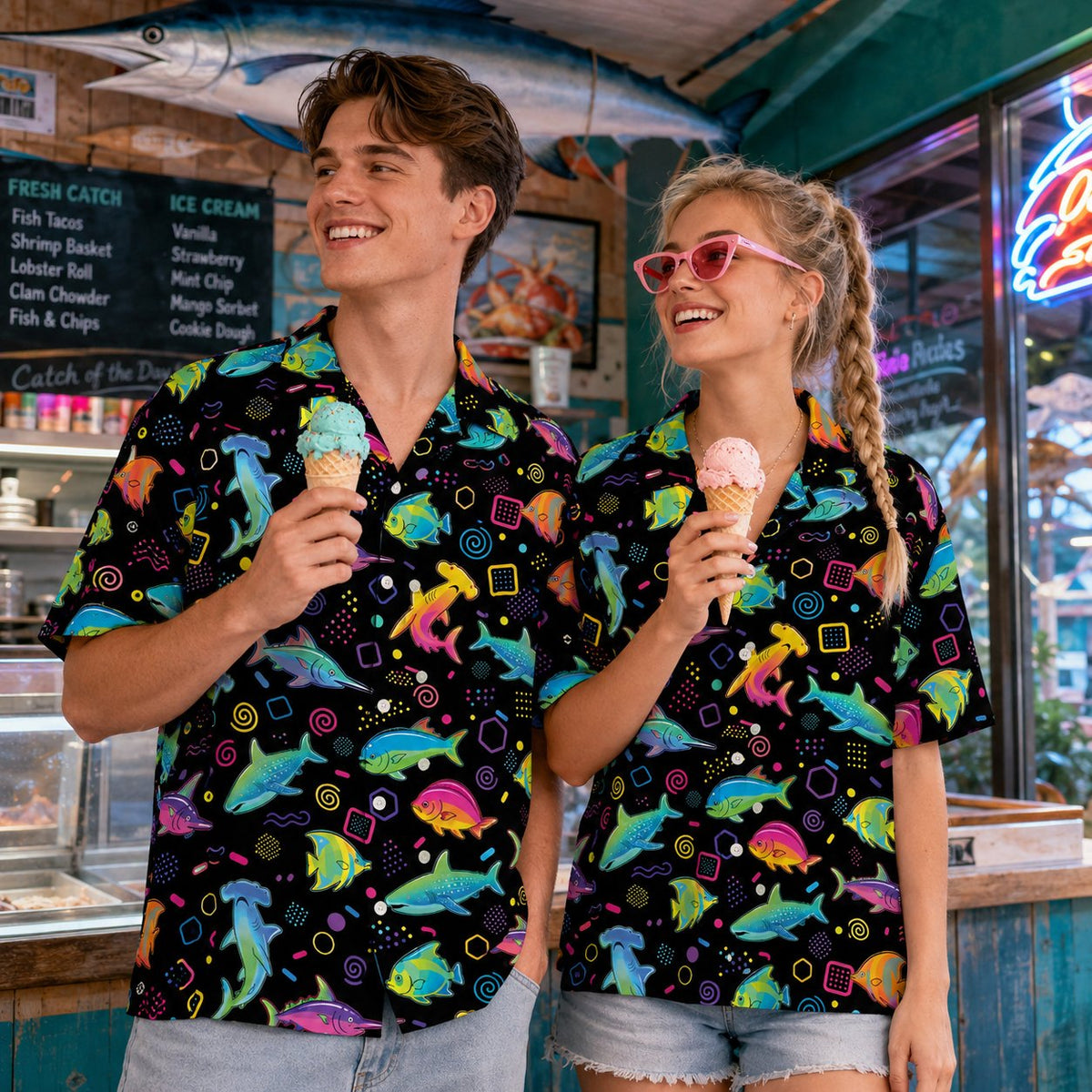 Another lifestyle shot featuring the retro sea fish hawaiian shirt