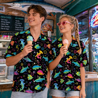 Another lifestyle shot featuring the retro sea fish hawaiian shirt