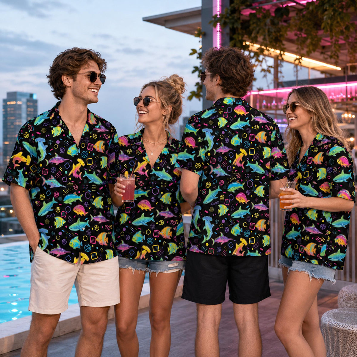 Adult posing outdoors in the neon sea fish matching family hawaiian shirt