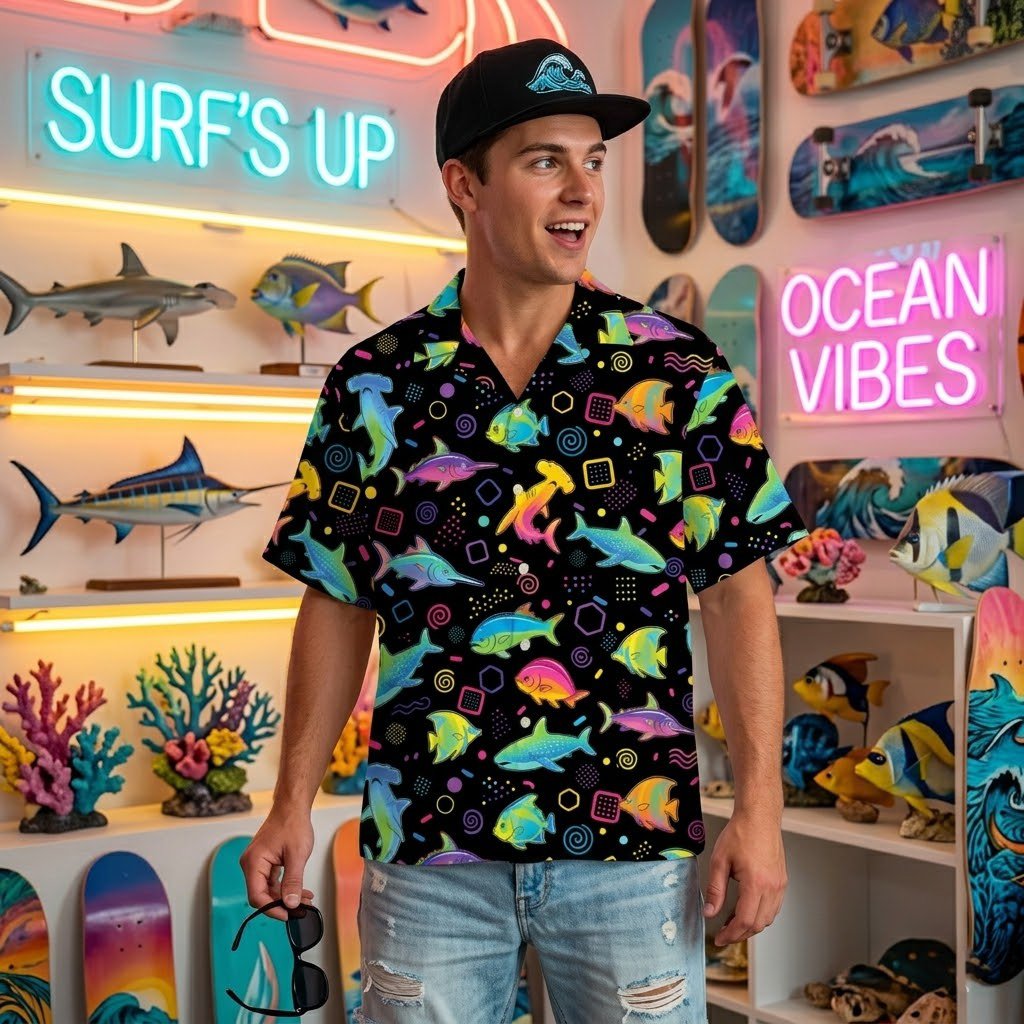 Lifestyle view of the retro sea fish hawaiian shirt