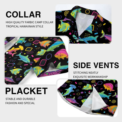 Detailed view of the neon marine life pattern on the hawaiian shirt
