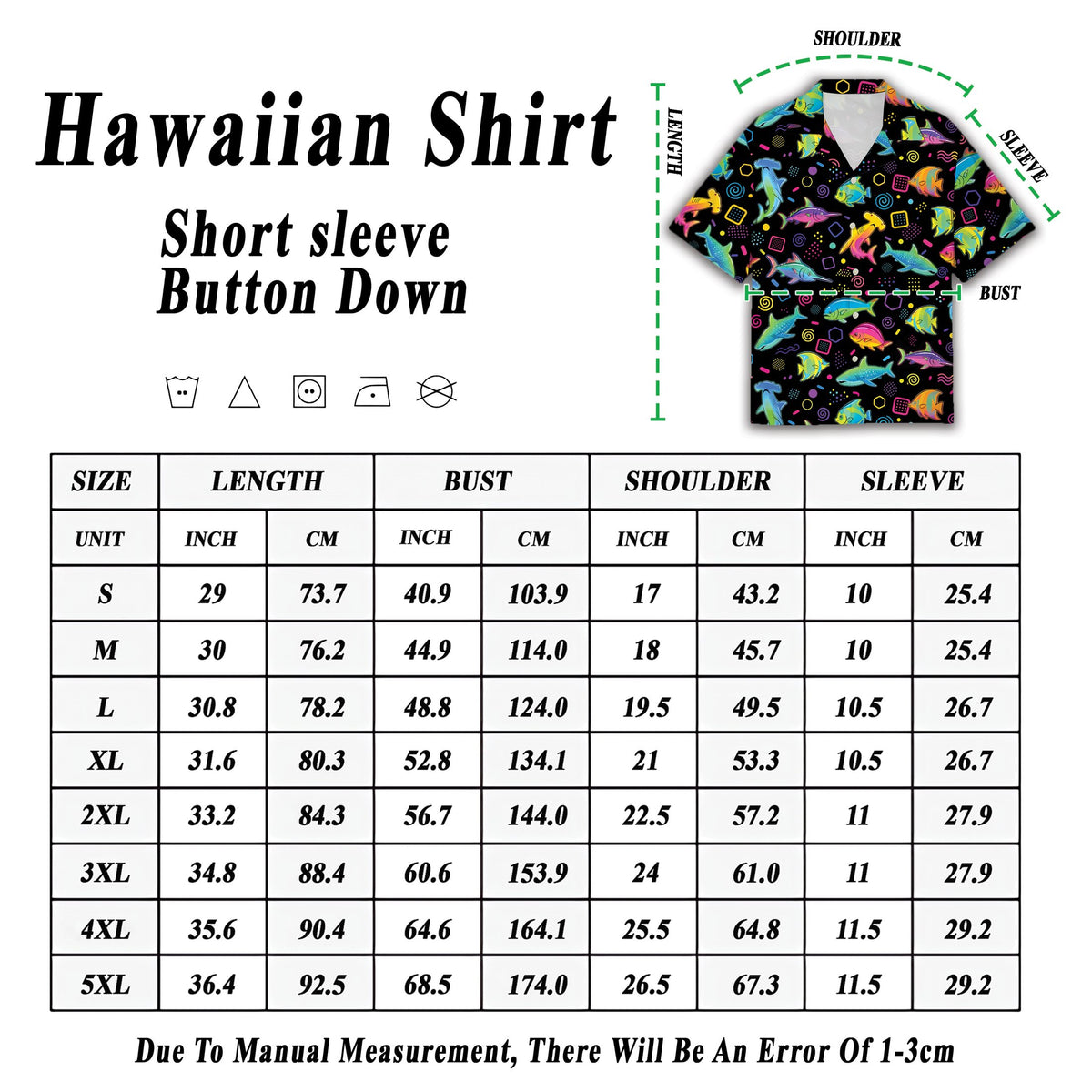 Fabric detail showing the neon colors on the retro sea fish hawaiian shirt