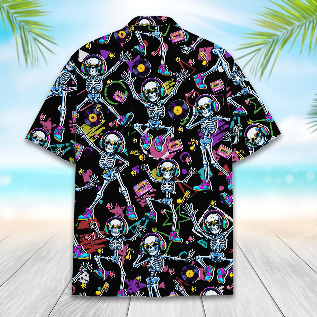 Alternate back view of the retro skeletons hawaiian shirt highlighting the abstract shapes