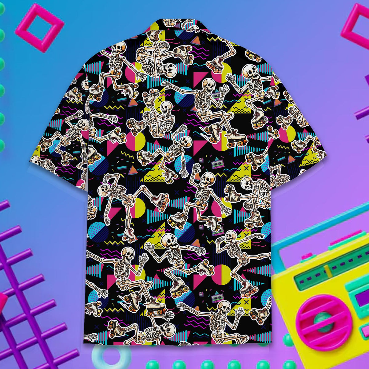 Close-up of the back pattern showing skeletons and cassette tapes