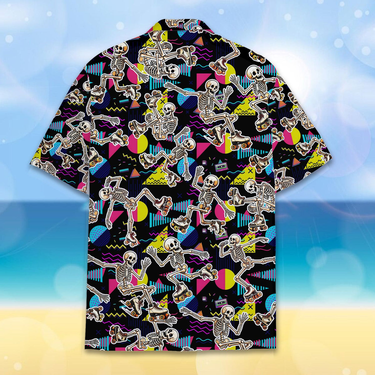 Back view of the retro skeletons hawaiian shirt