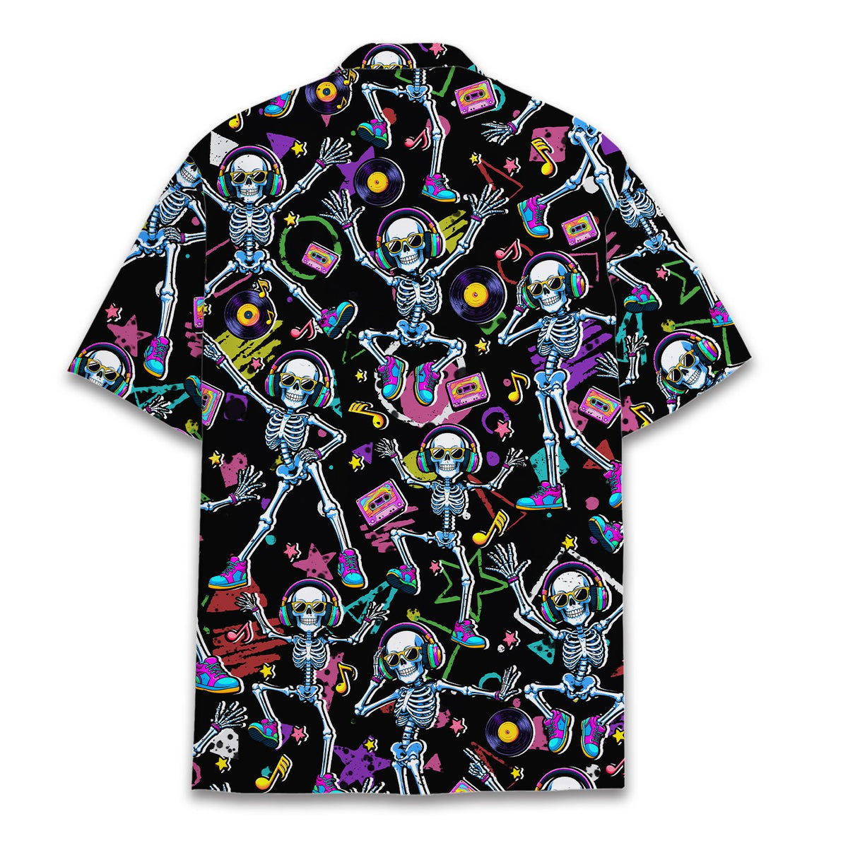 Back view of the retro skeletons hawaiian shirt showing colorful neon print
