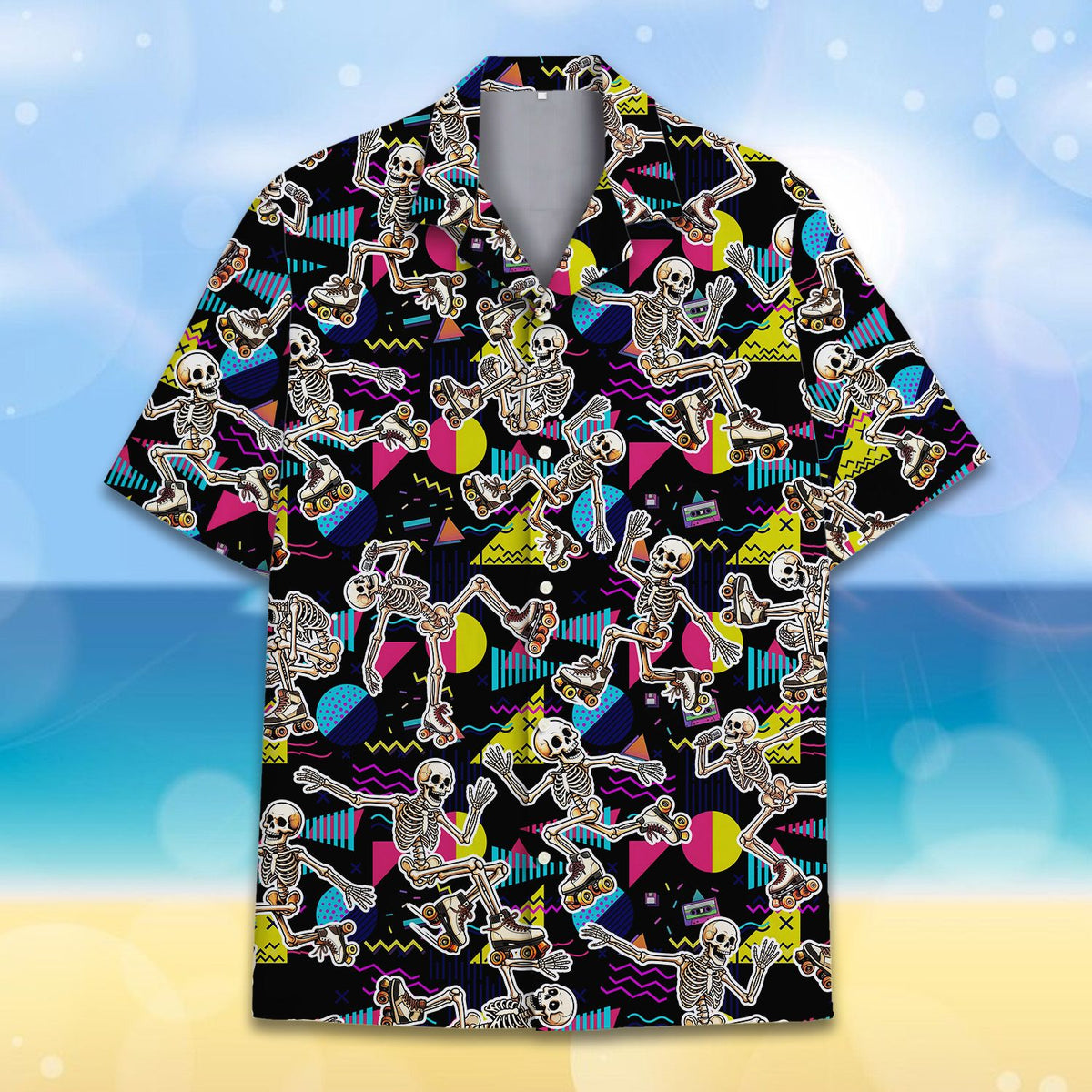 Folded view of the retro skeletons hawaiian shirt