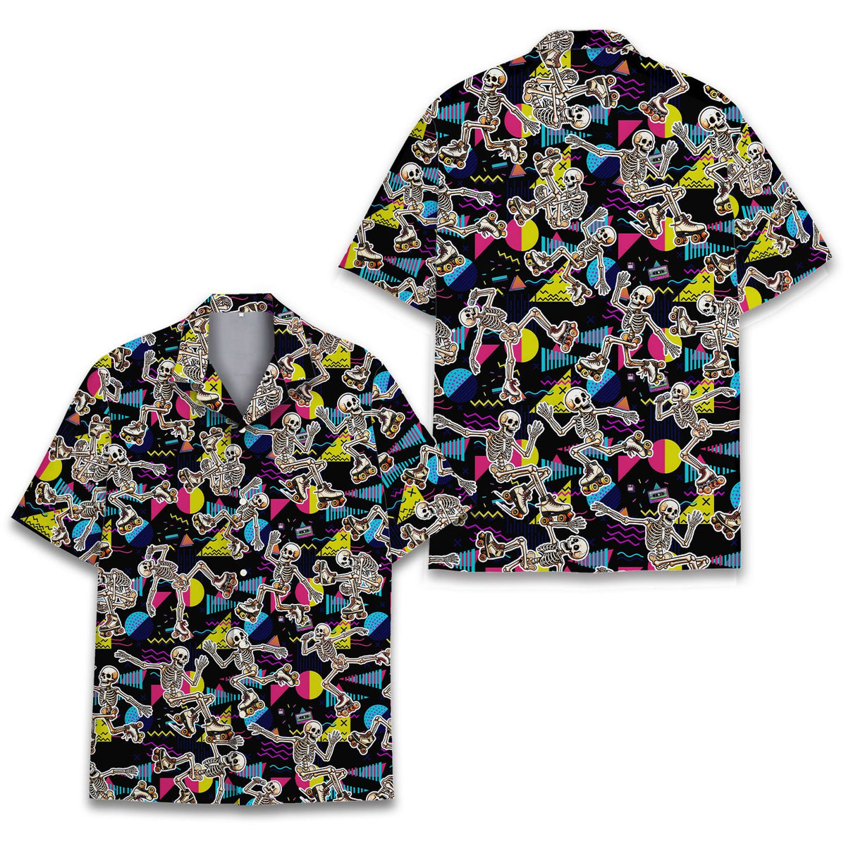 Adult matching family hawaiian shirts featuring roller skating skeletons