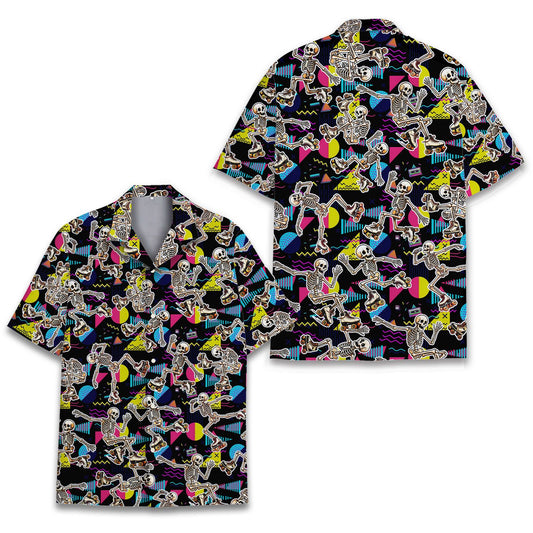 Retro skeletons hawaiian shirt with neon 80s roller skating design, front view