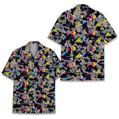 Close-up of the retro skeletons hawaiian shirt pattern on a black background