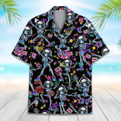 Retro skeletons hawaiian shirt with neon cassette tapes and dancing skeletons, front view