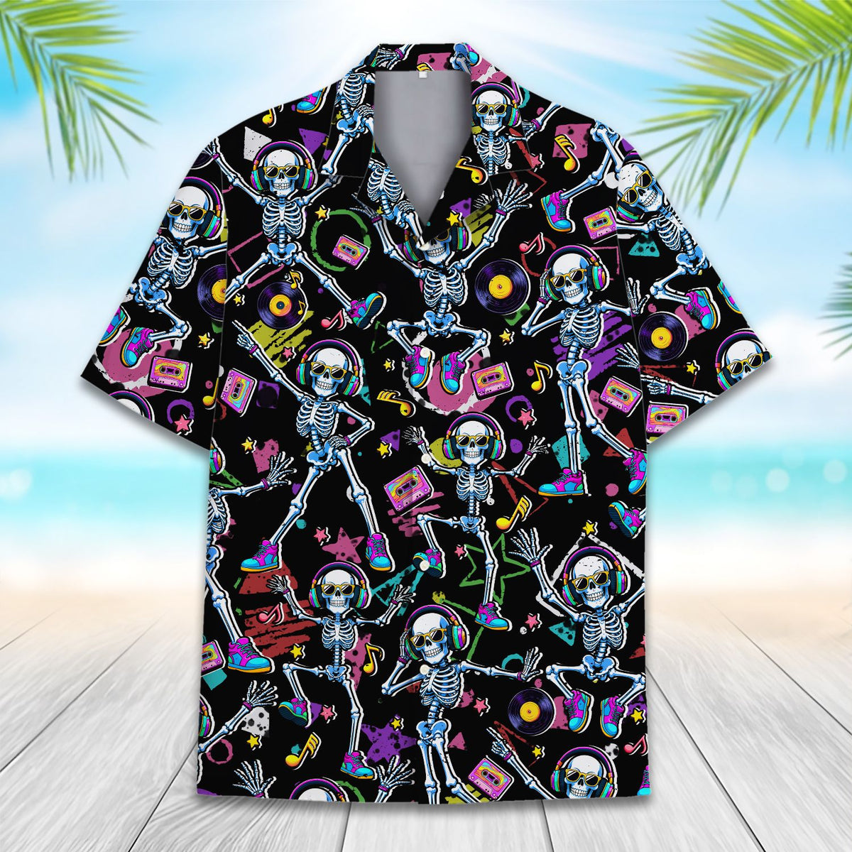 Front view of the black retro skeletons hawaiian shirt with button-down collar