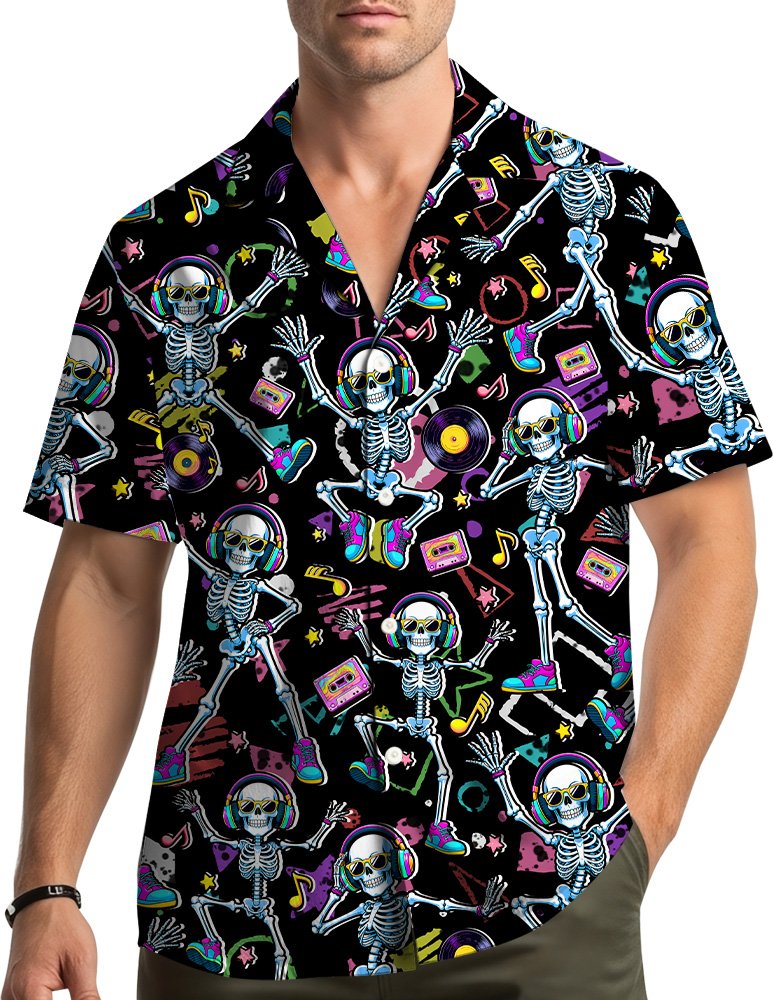 Lifestyle view of someone wearing the retro skeletons hawaiian shirt for Halloween