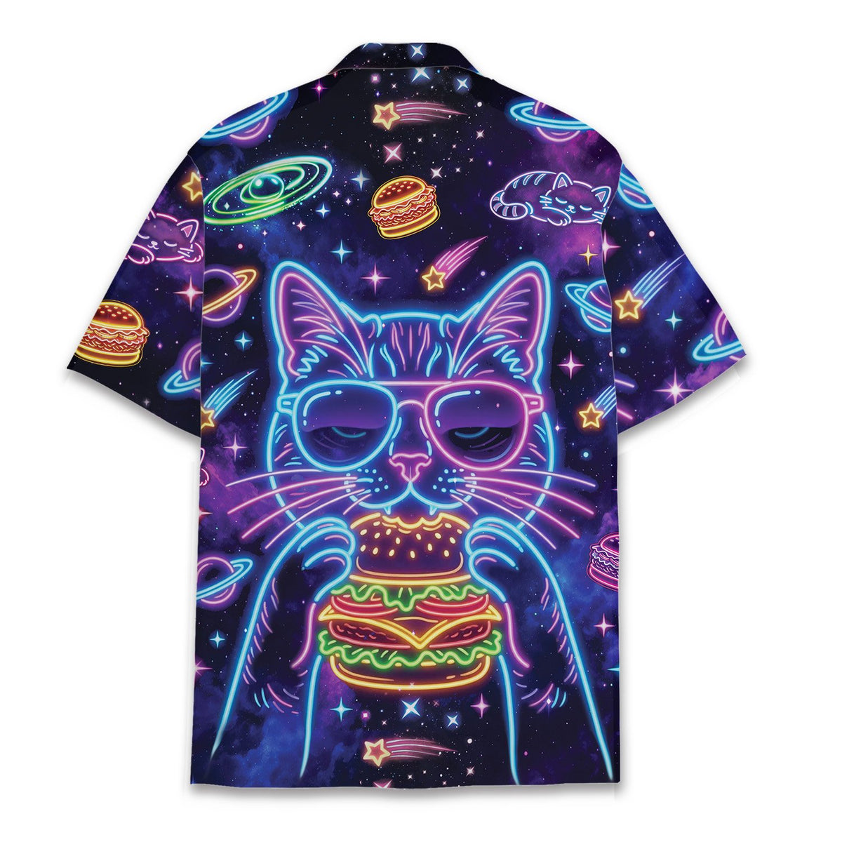 Back view of the retro space cat hawaiian shirt