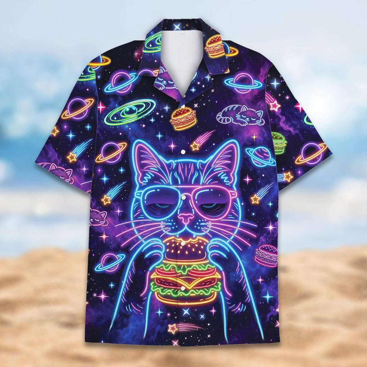 Alternative front view of the neon space cat shirt