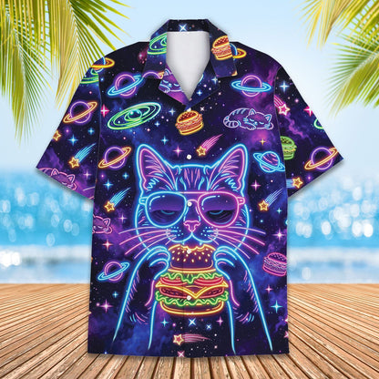 Close up front view of the space cat print hawaiian shirt