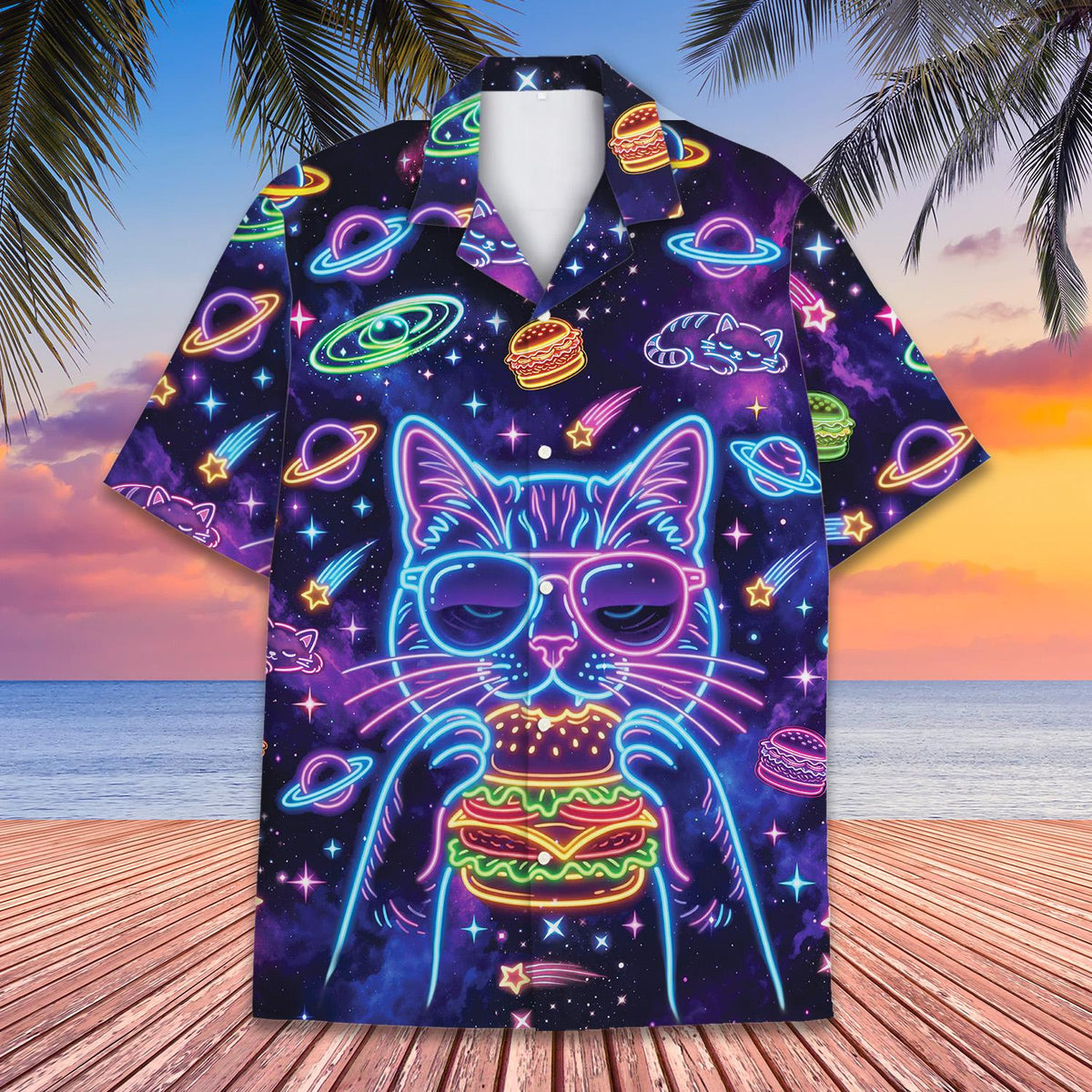Front view of the space cat hawaiian shirt