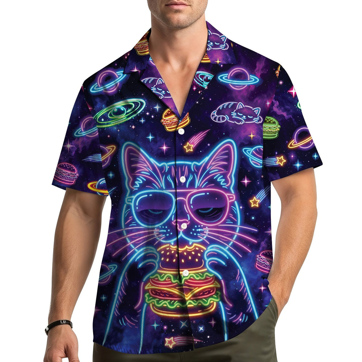 Lifestyle view of someone wearing the space cat hawaiian shirt