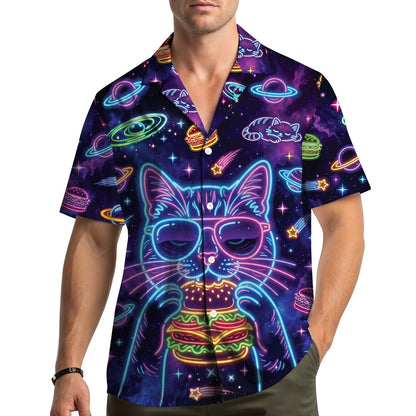 Lifestyle view of someone wearing the space cat hawaiian shirt
